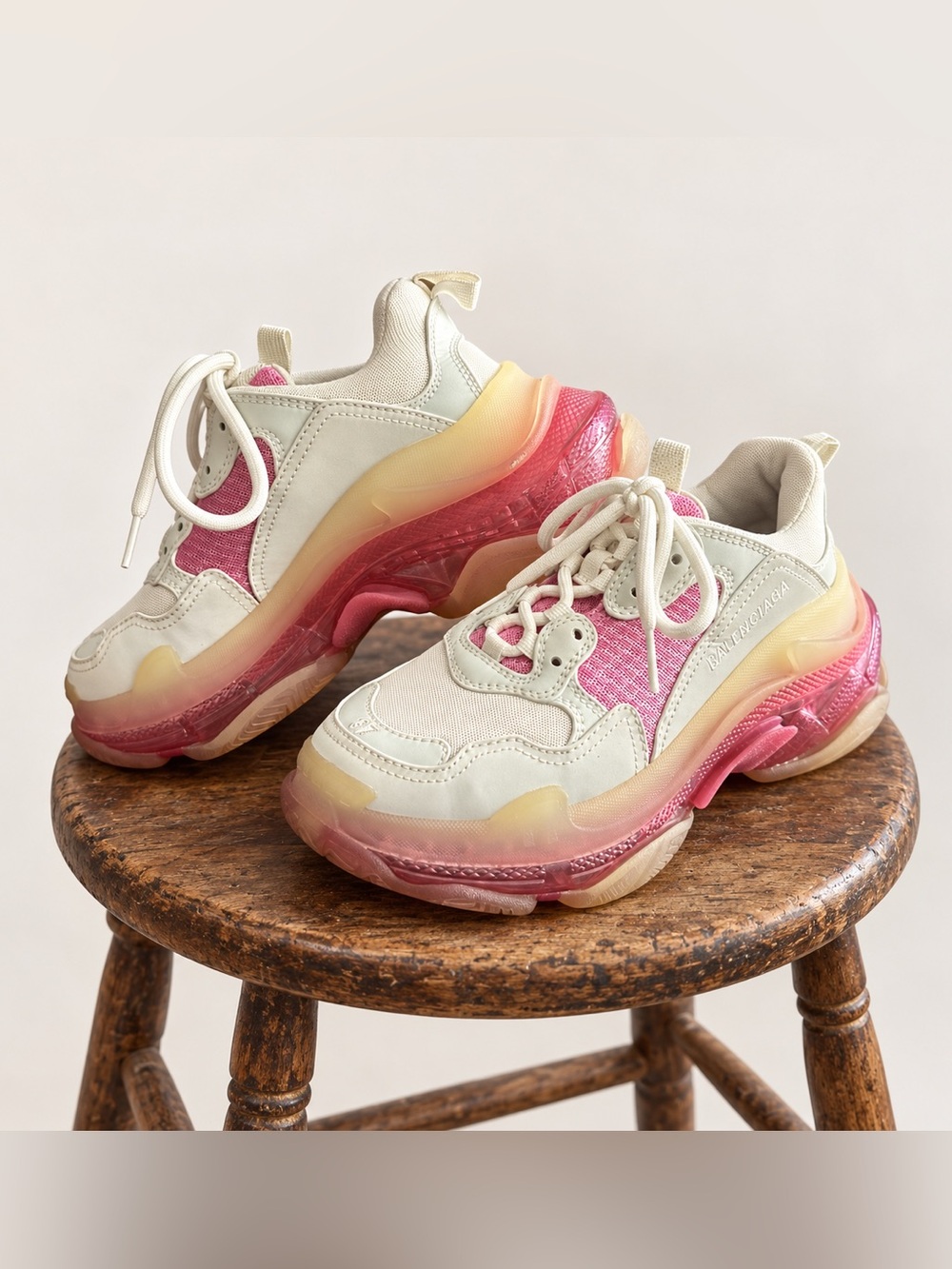 Balenciaga Designer Triple S Lace up Sneakers, Pastel, Pink & White,Street style